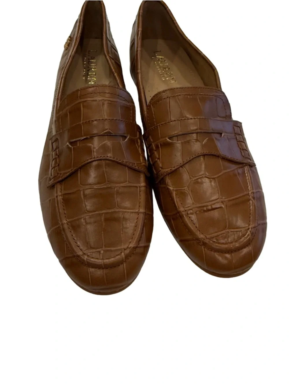 Ralph Lauren Women’s Croc Embossed Loafers Camel Sz 6 NEW